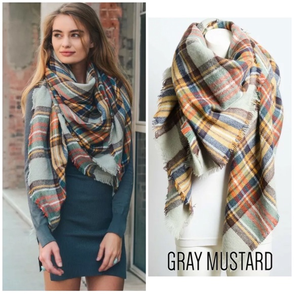 Accessories - SOLD OUT Gray & Mustard Frayed Hem Blanket Scarf